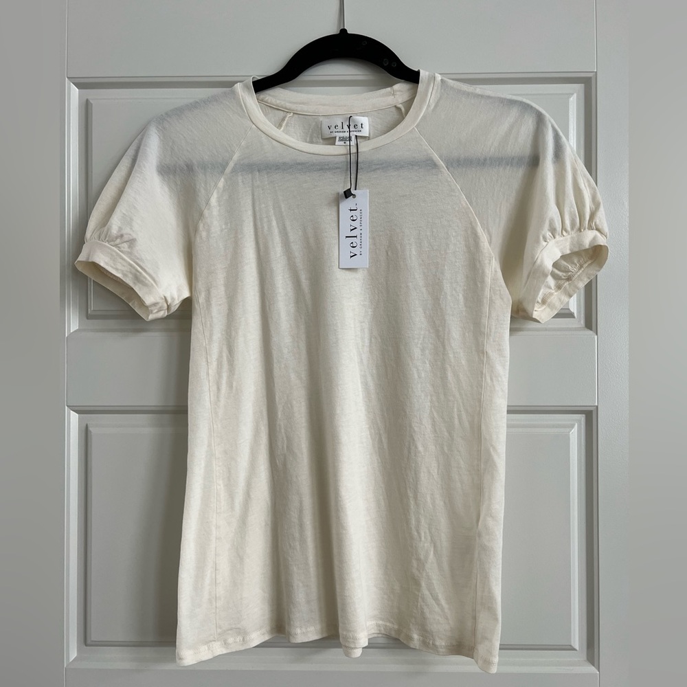 Velvet T-Shirt with simple puff sleeve. Light cream, gauze weight cotton.